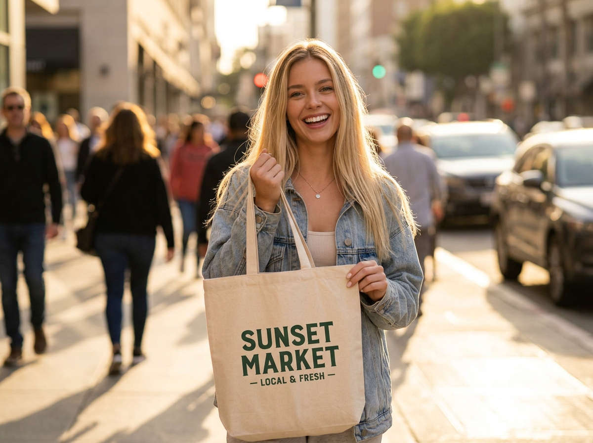 Sophie promoting a brand tote bag on a busy city street