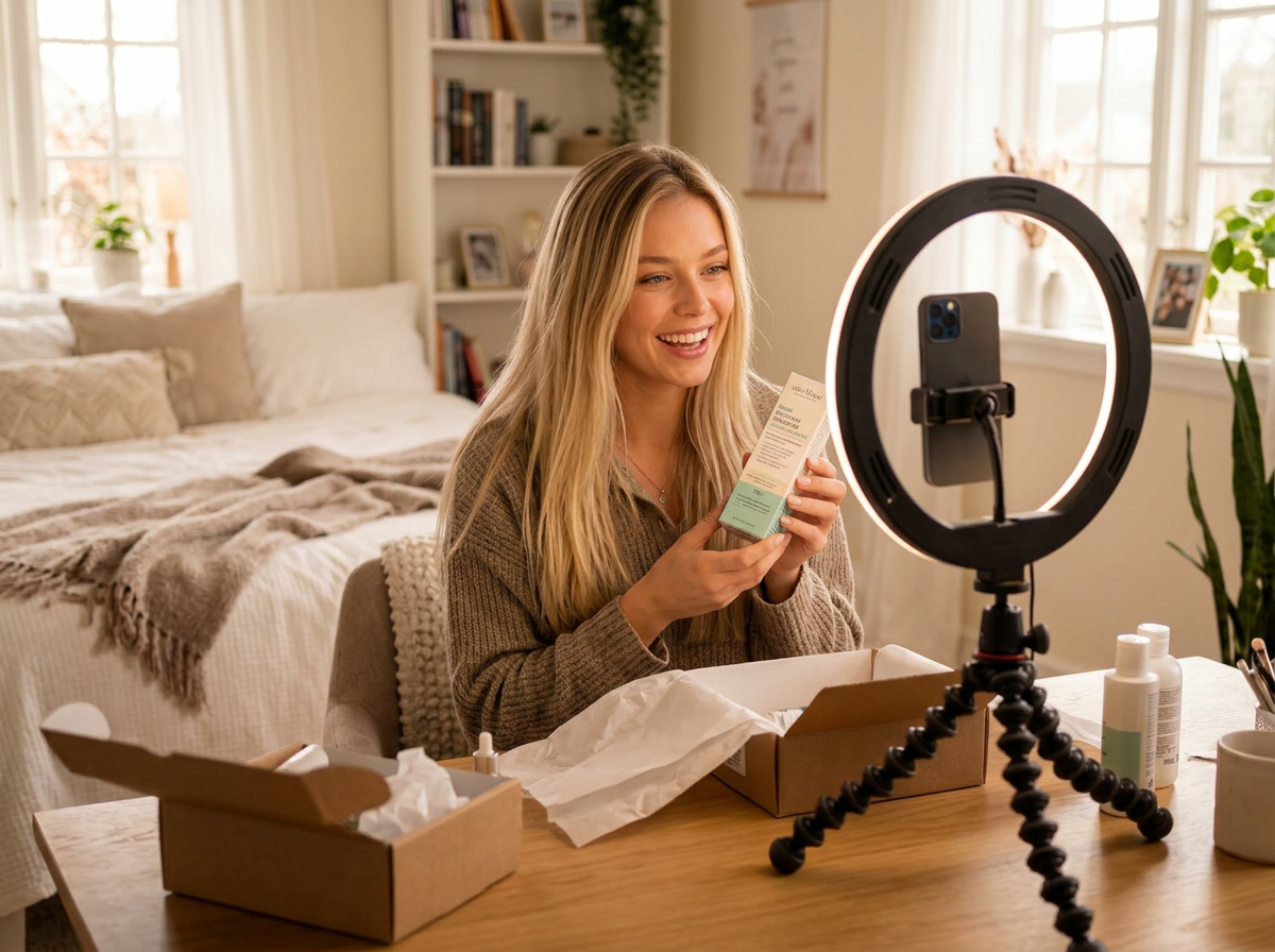 Sophie filming a product unboxing with a ring light in her bedroom studio