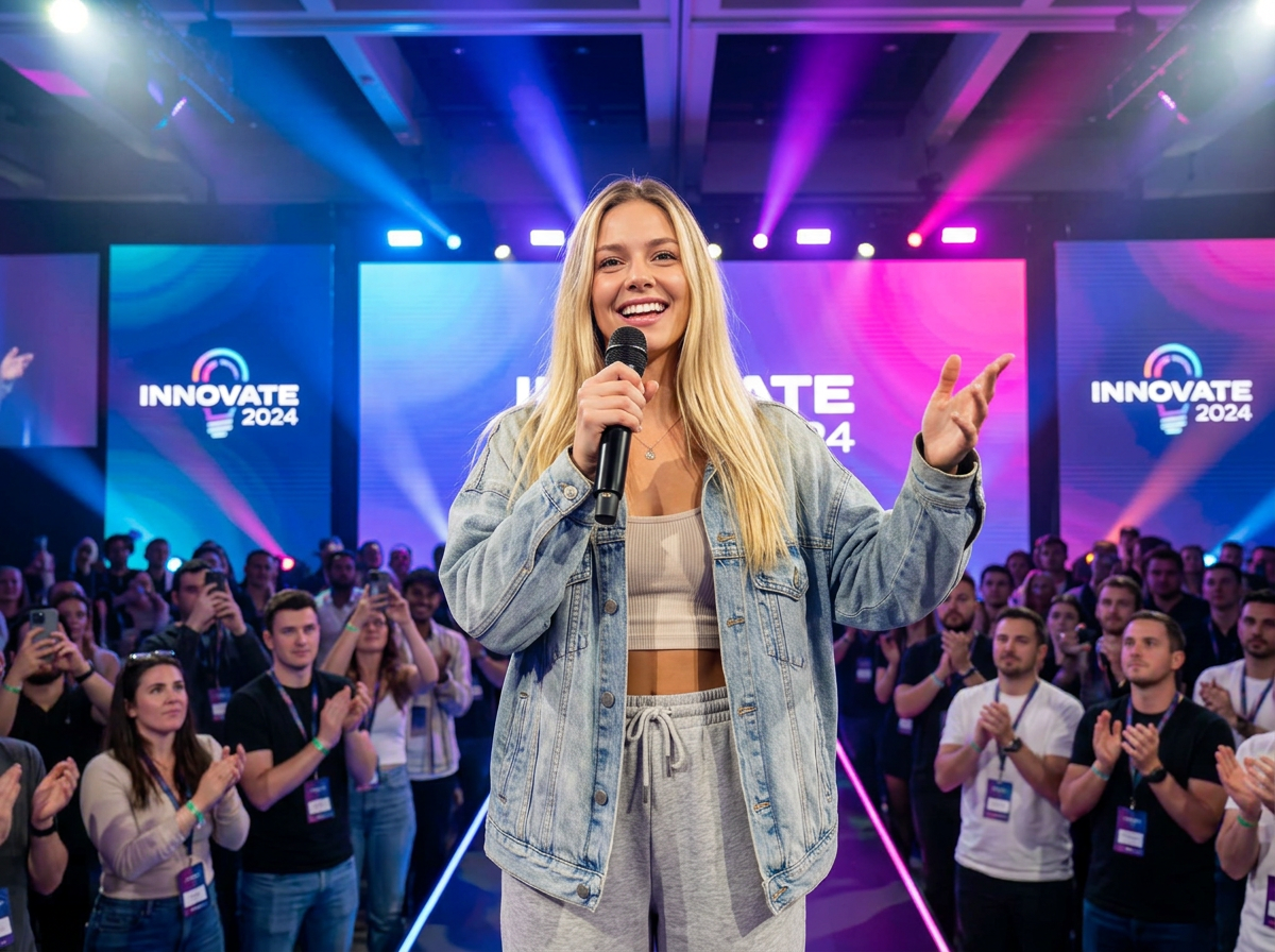 Sophie hosting a product launch on stage in front of a crowd
